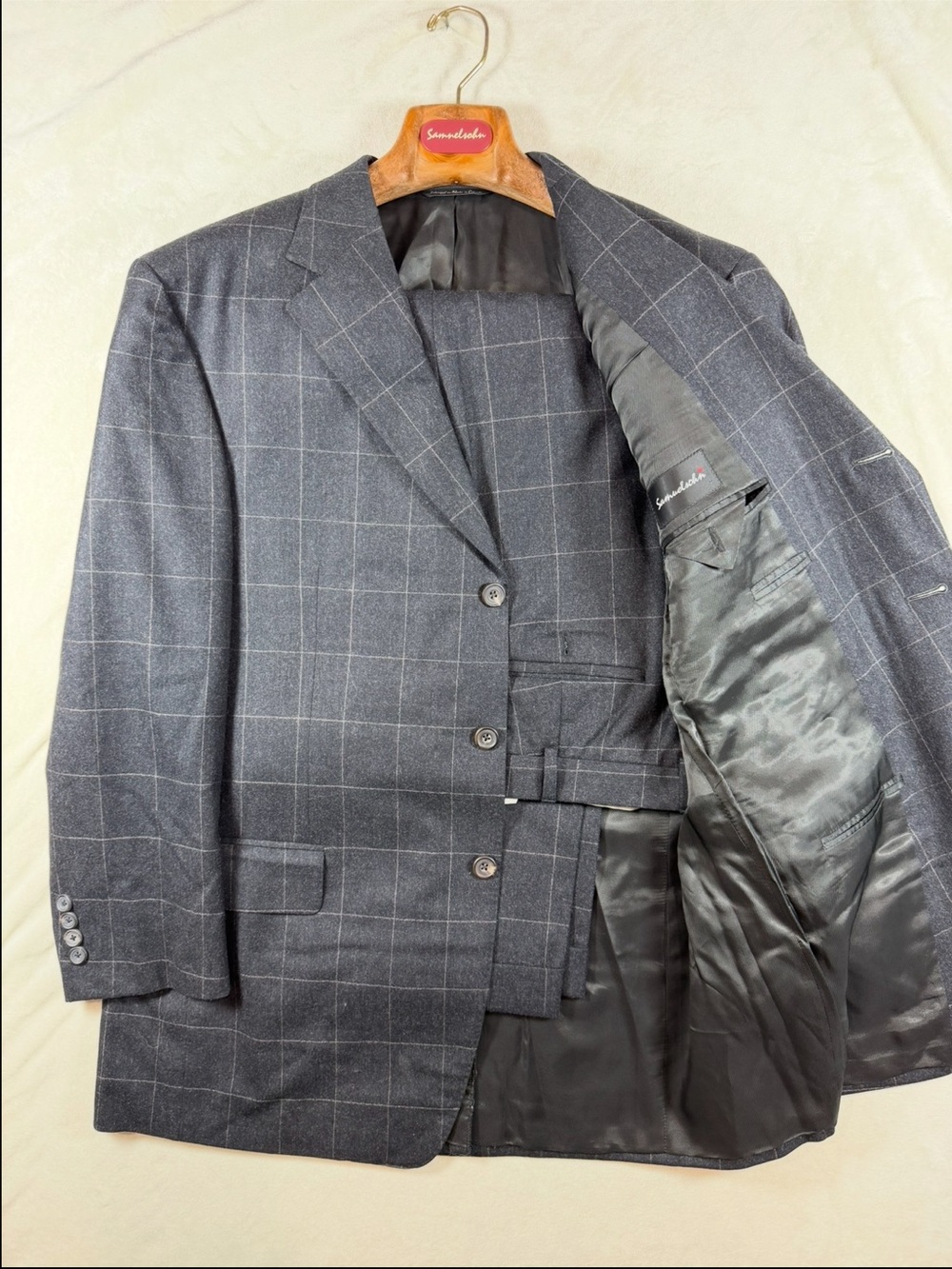 Samuelsohn 44R Super 120’s 100% Wool Charcoal Windowpane Wool Suit Made in Italy
